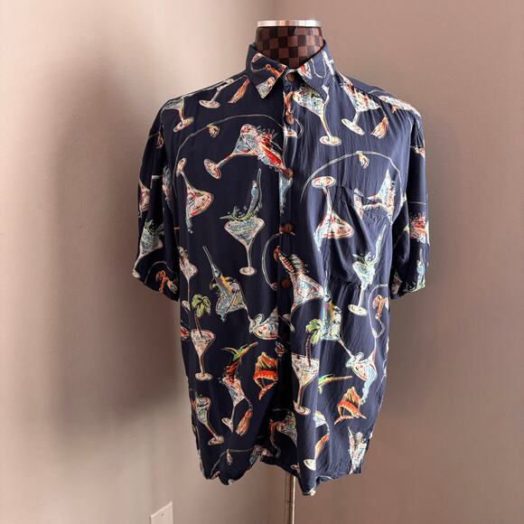 Kahala Mens Hawaiian Shirt Size Large Blue Short Sleeve Martini Glass Fish Aloha - Picture 2 of 6